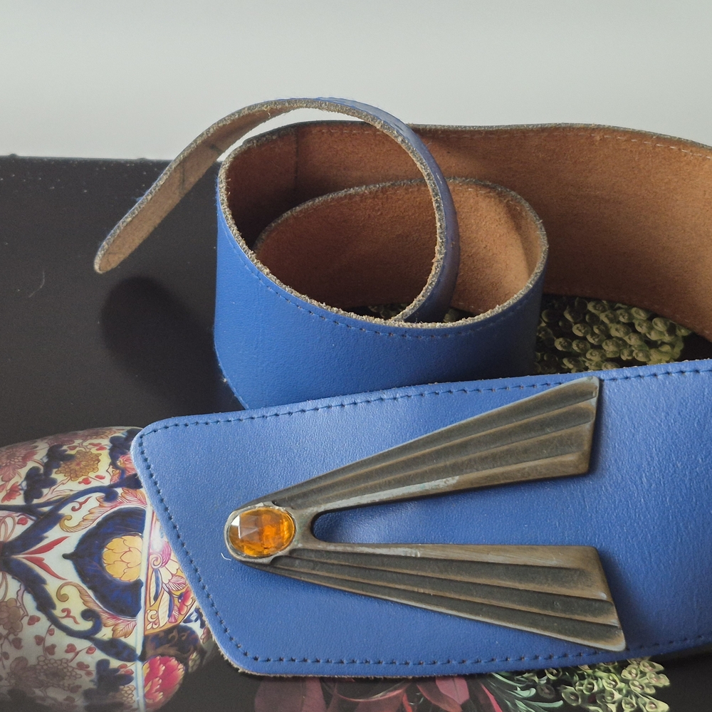 Blue Leather Statement Belt with Art-Deco Metal Accent